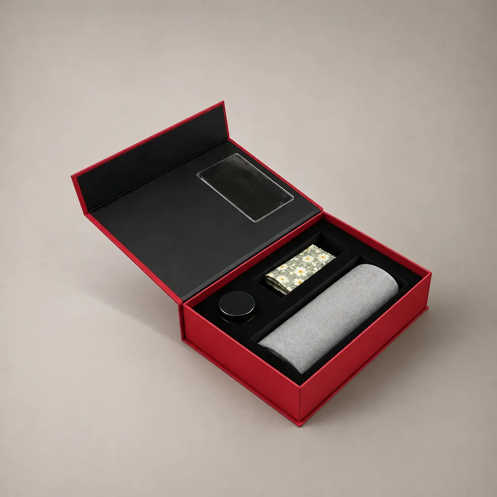 Red Magnetic Flip Book Style Rigid Gift Box With Multi-slot Pre-cut EVA Foam Compartment — image 1 of 4