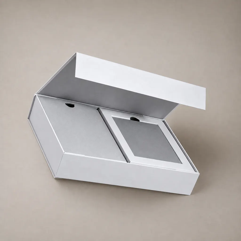 Silver Magnetic Flip Book Style Rigid Gift Box With Dual Paper Trays And Finger Cutout — image 1 of 4