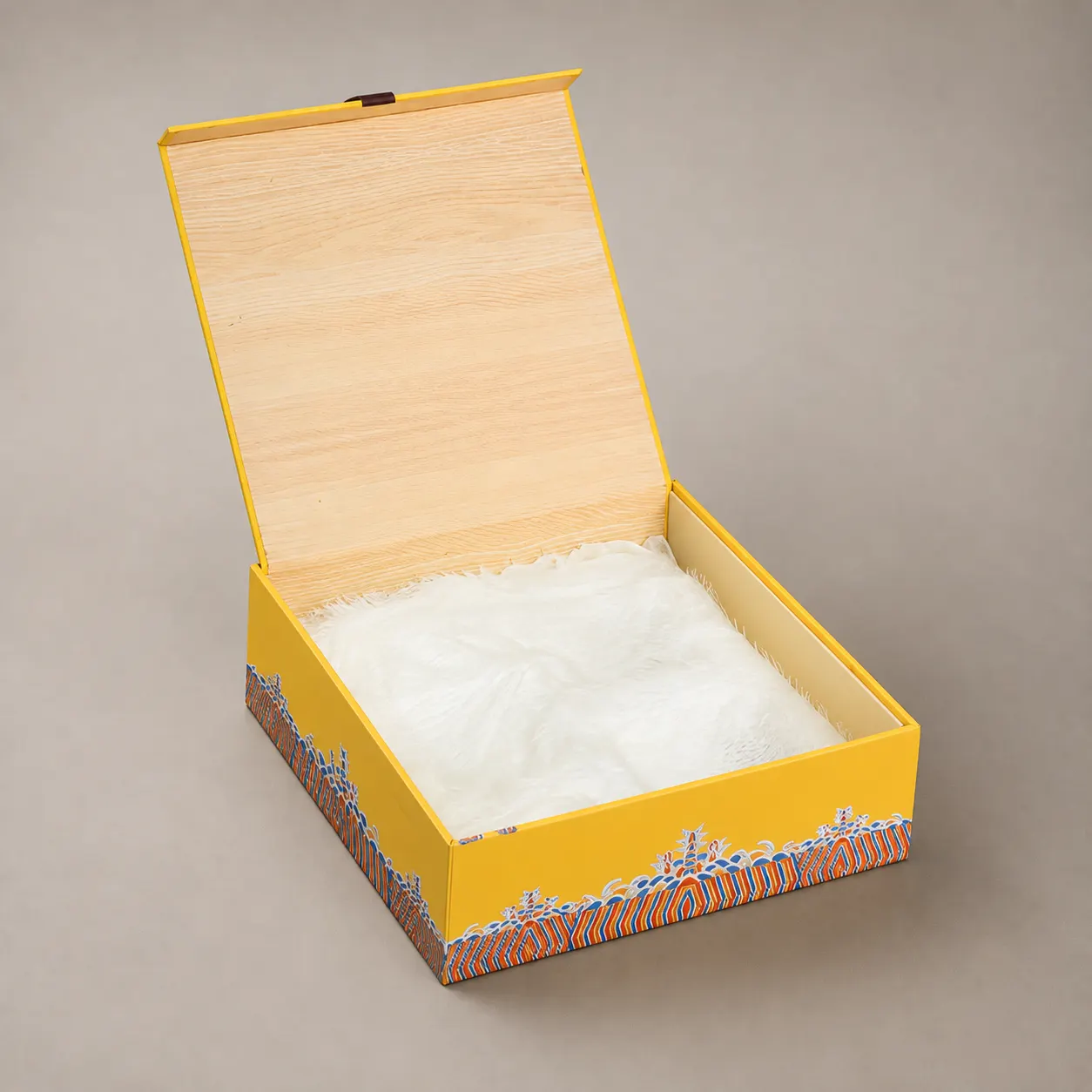 Yellow Decorative Printed Magnetic Book Style Rigid Gift Box With Inner Crinkle Paper Filler — image 1 of 4