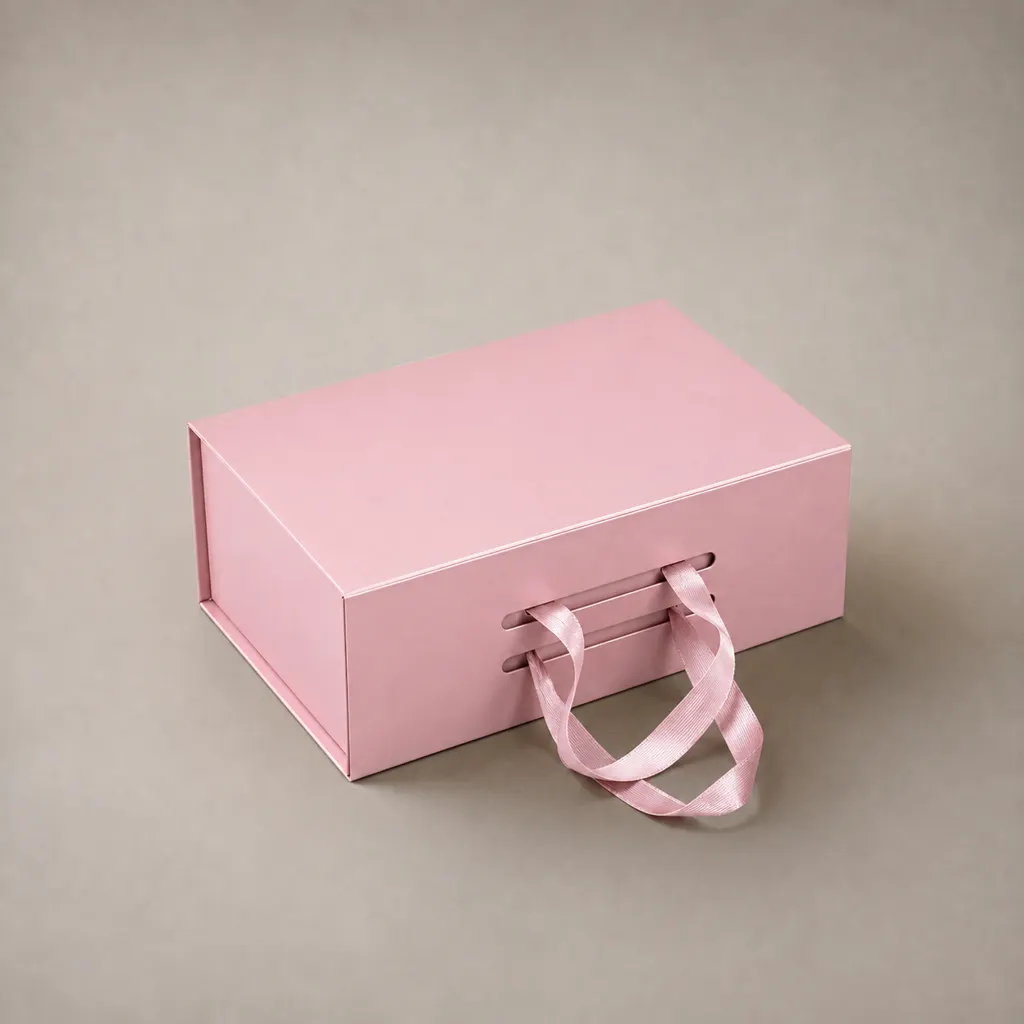 Custom Pink Magnetic Flip Book Shaped Rigid Gift Box With Ribbon Handle — image 1 of 4
