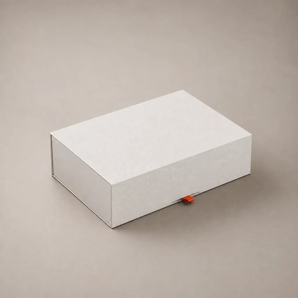 Custom Light Beige Drawer Type Rigid Gift Box With Orange Pull Tab — image 1 of 4