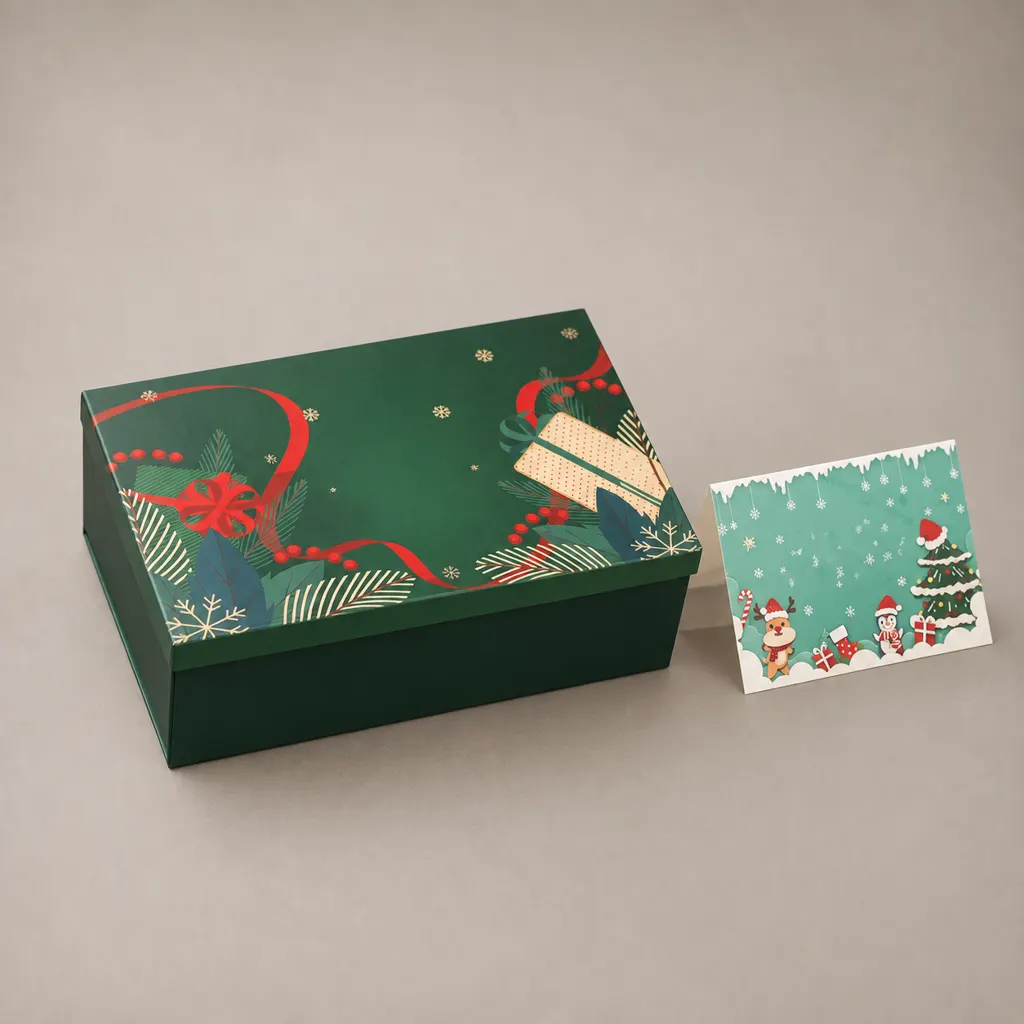 Custom Dark Green Magnetic Book Shaped Gift Box With Christmas Print & Matching Greeting Card — image 1 of 4