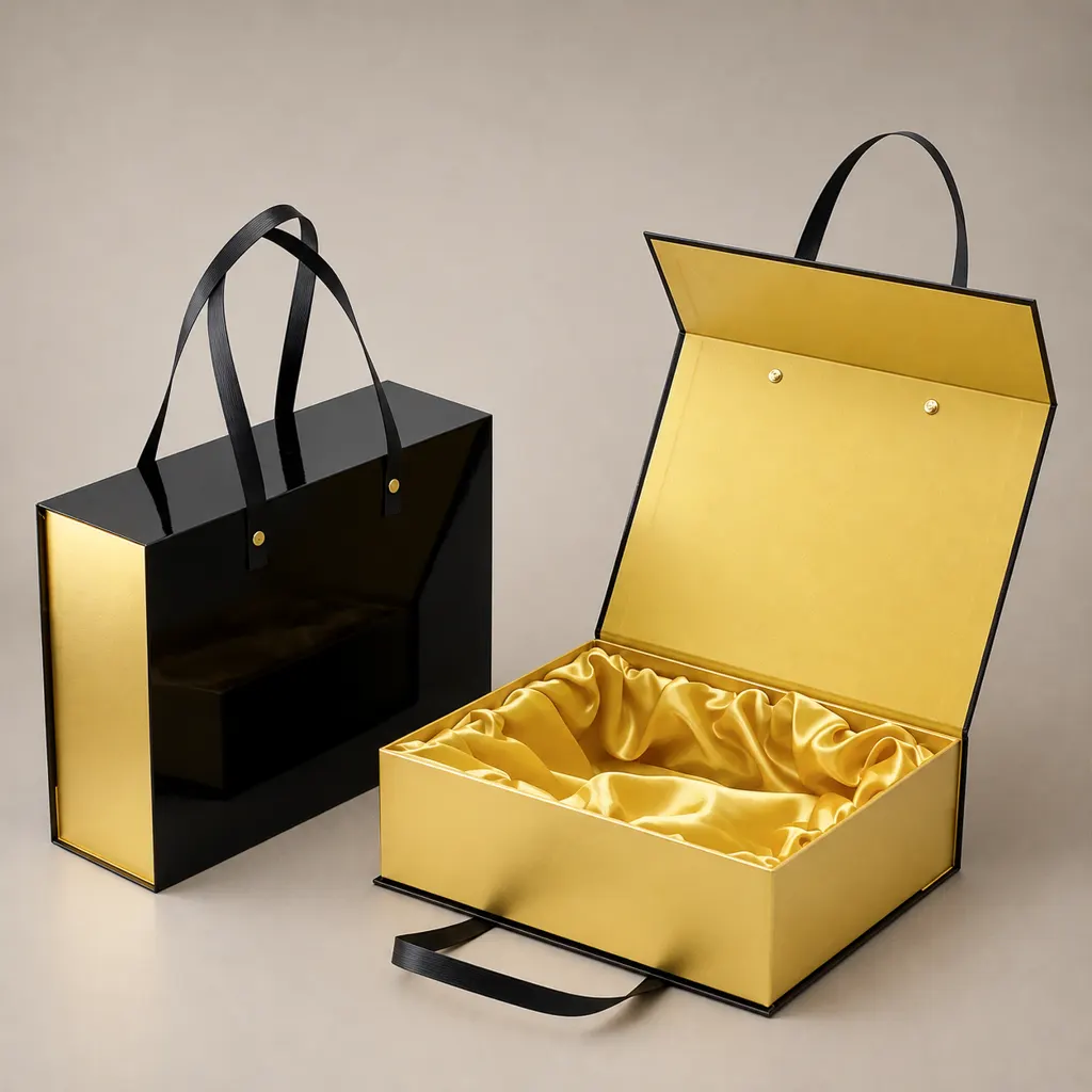 Custom Foldable Rigid Gift Box, Black & Gold Collapsible Gift Box With Satin Lining and Handle — image 1 of 4