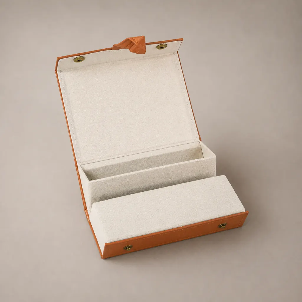 Custom Brown Faux Leather Book Shaped Rigid Gift Box, Flip Box With Inner Compartment Divider — image 1 of 4