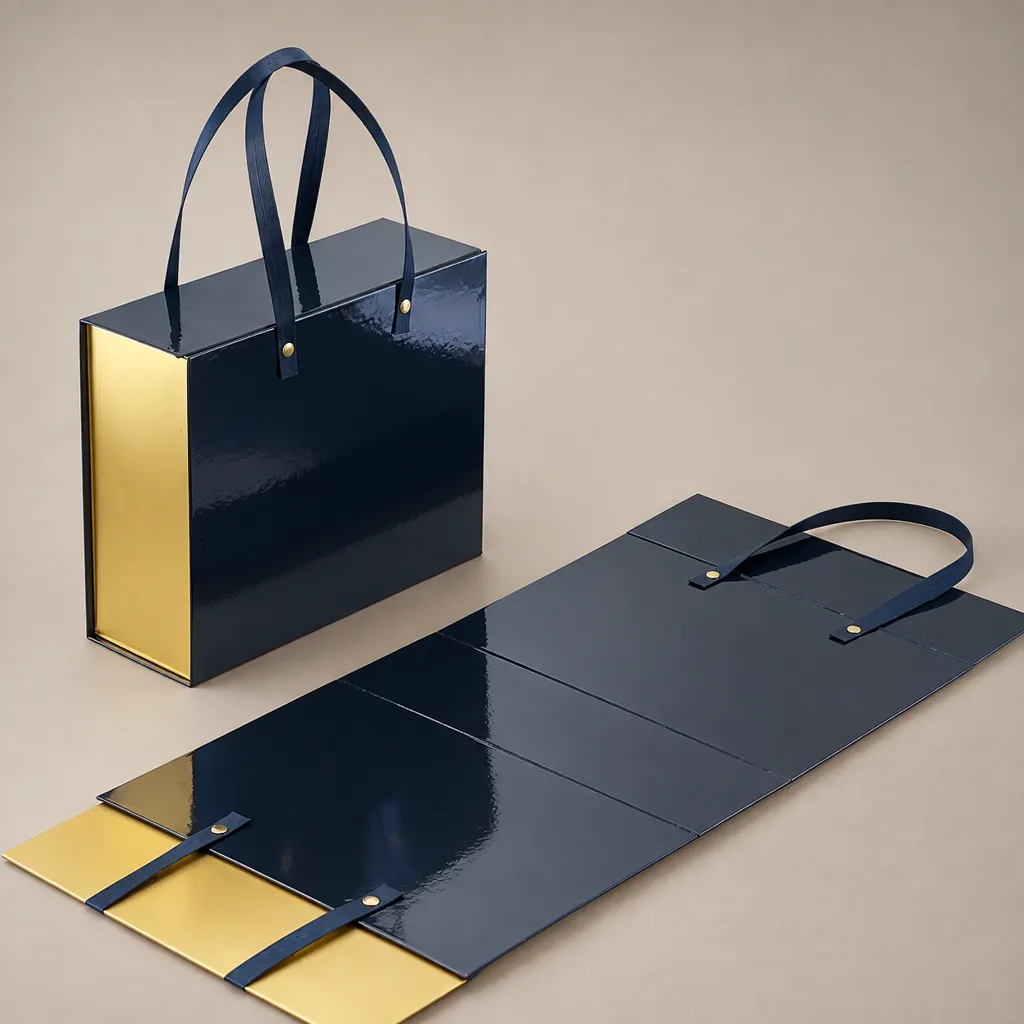 Collapsible Folding Rigid Gift Box With PU Handle, Navy Glossy Flip Packaging Box — image 1 of 4