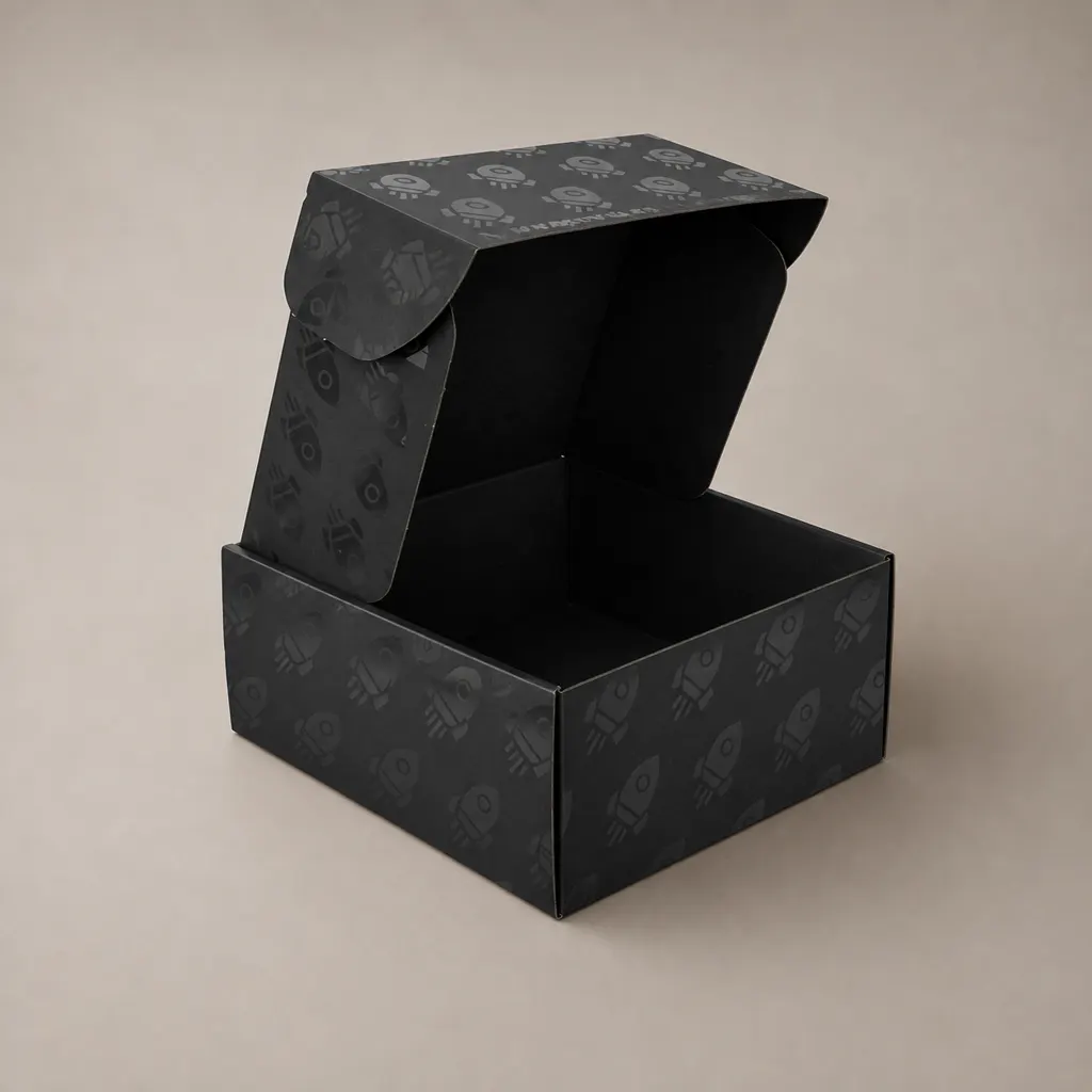 Black Tuck Top Mailer Box With Custom Debossed Rocket Pattern Printing — image 1 of 4