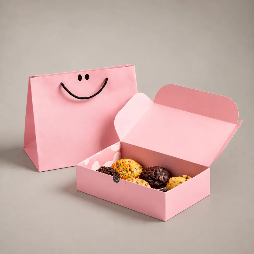Pink Auto-lock Bottom Cookie Carton Box With Smile Pattern Paper Shopping Bag Set — image 1 of 3