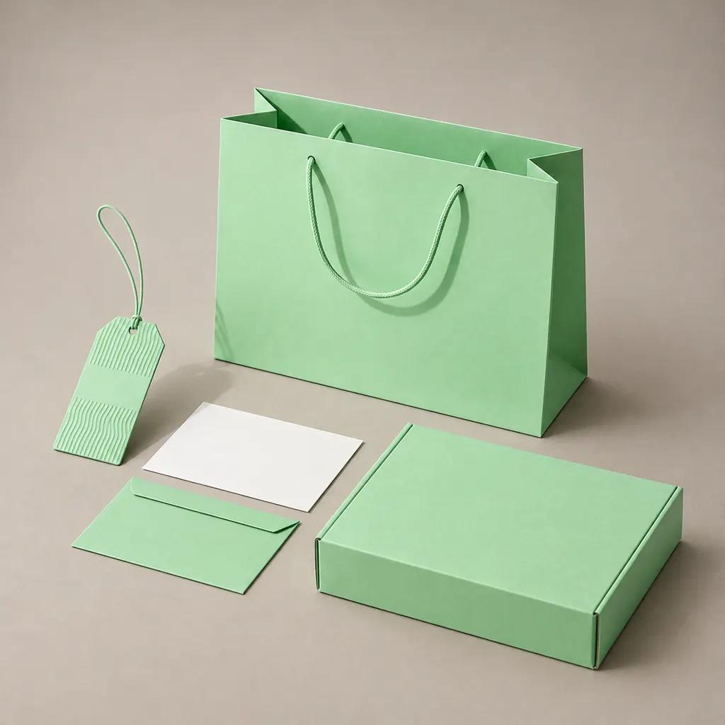 Light Green Plain Mailer Box Gift Packaging Set With Matching Paper Bag, Tag, Card and Envelope — image 1 of 4