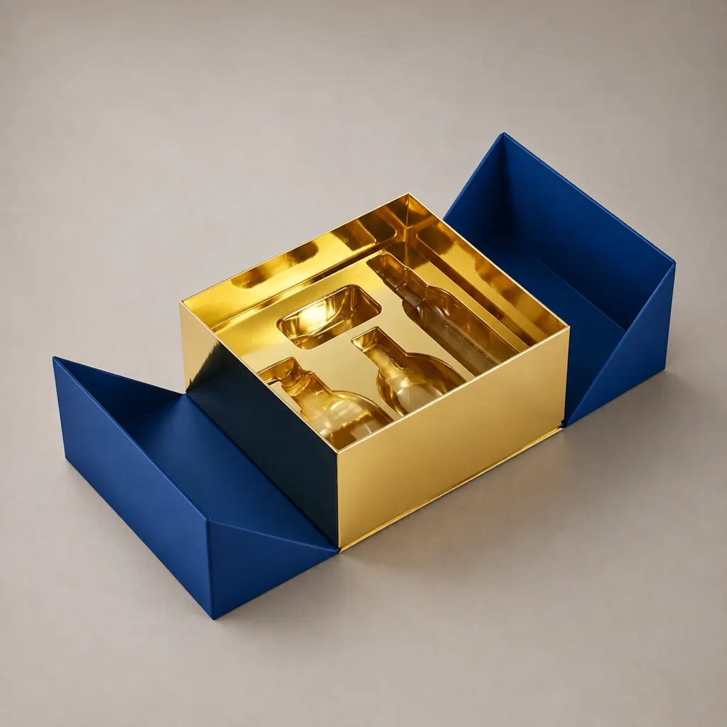 Blue Double Door Book Shaped Rigid Gift Box With Gold Metallic Inner Tray — image 1 of 4