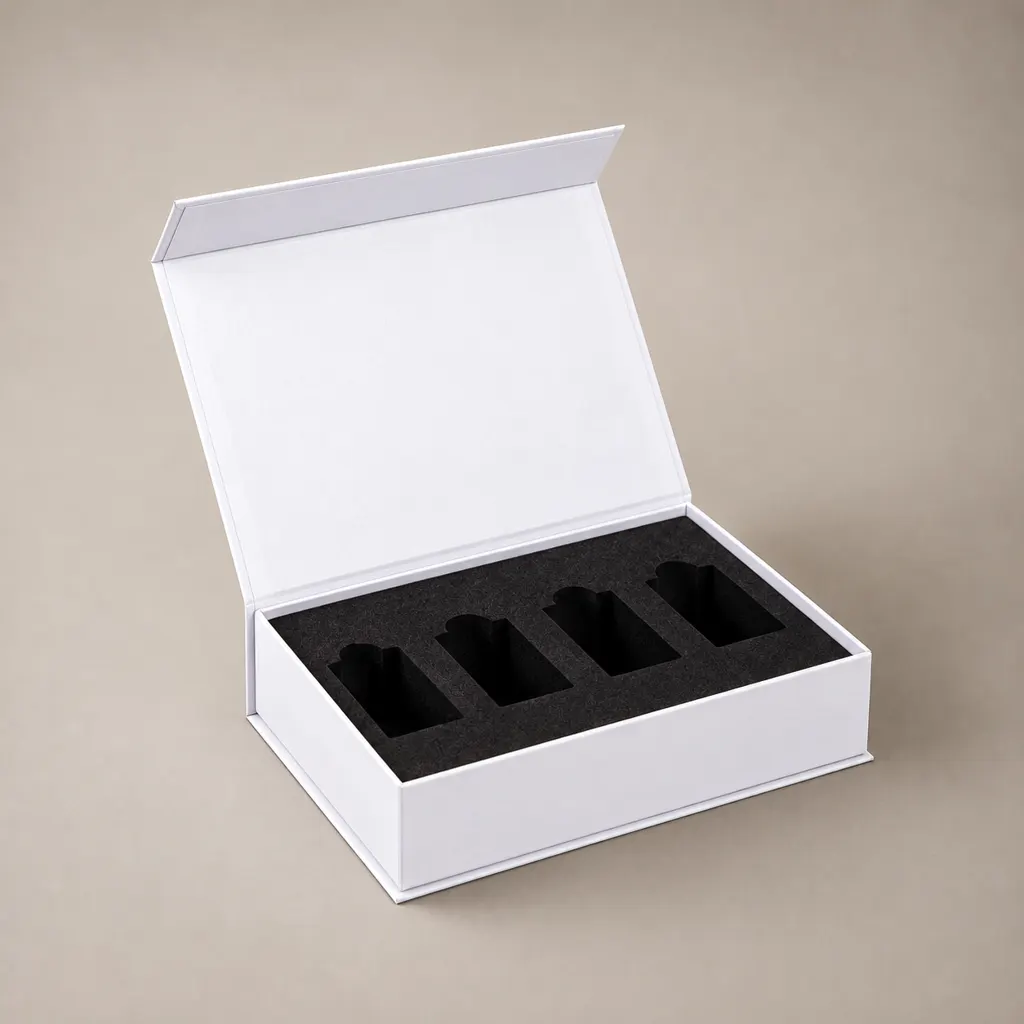 White Magnetic Book Shaped Rigid Gift Box With Custom Black Foam Insert — image 1 of 4