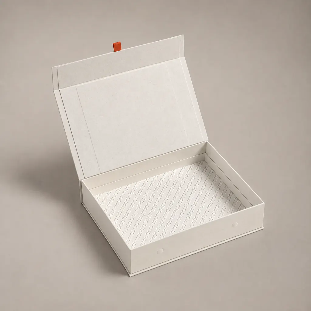 Off White Magnetic Flip Book Shaped Rigid Gift Box With Embossed Inner Liner — image 1 of 4