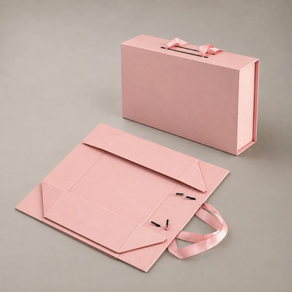 Pink Collapsible Foldable Rigid Gift Box With Satin Ribbon Handle — image 1 of 4
