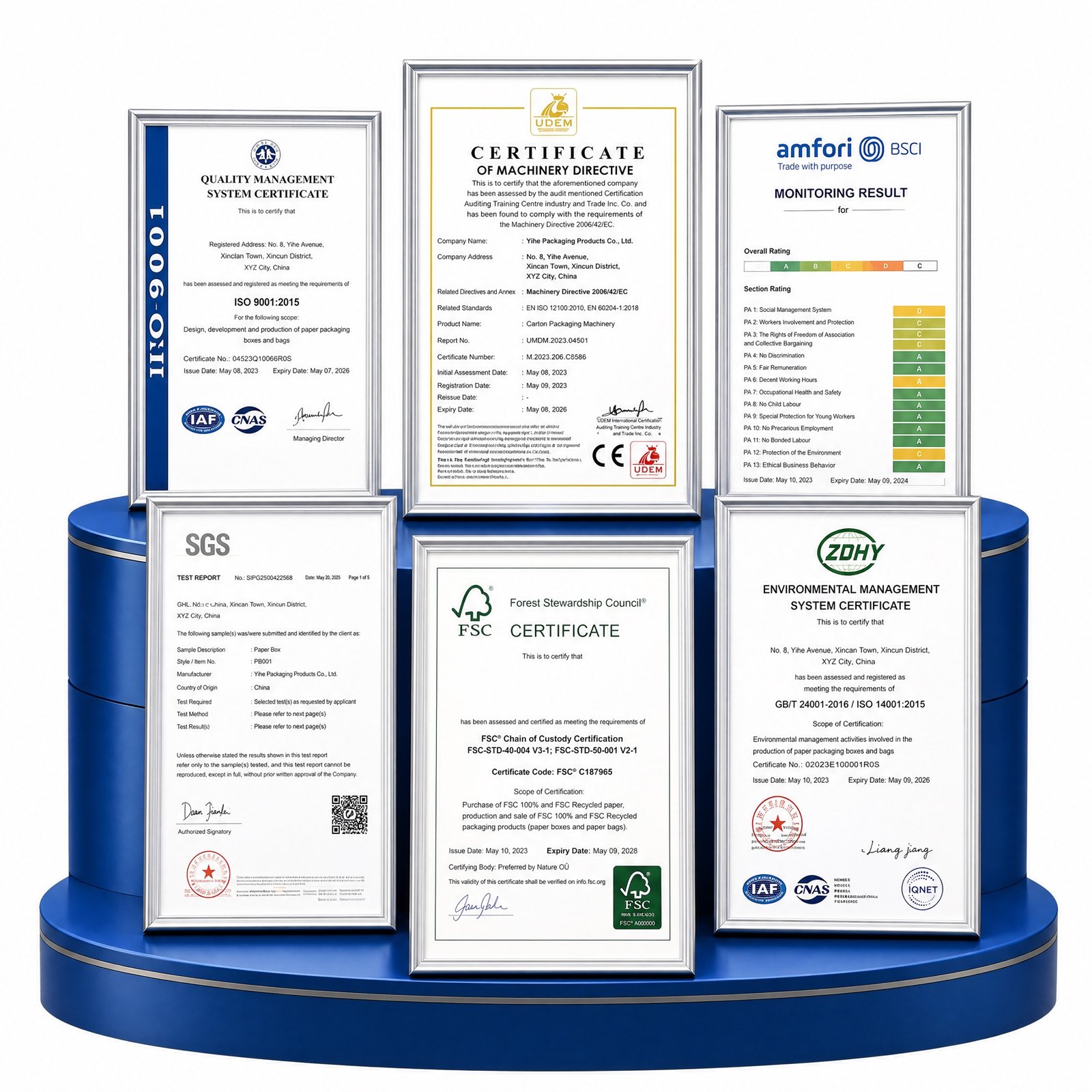 YIHE packaging certifications and audit documents
